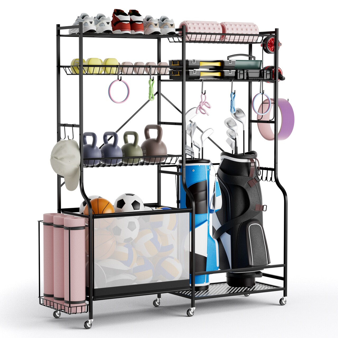 Black Sports Equipment Organizer with 5 Adjustable Storage Shelves and 5 Lockable Whhels